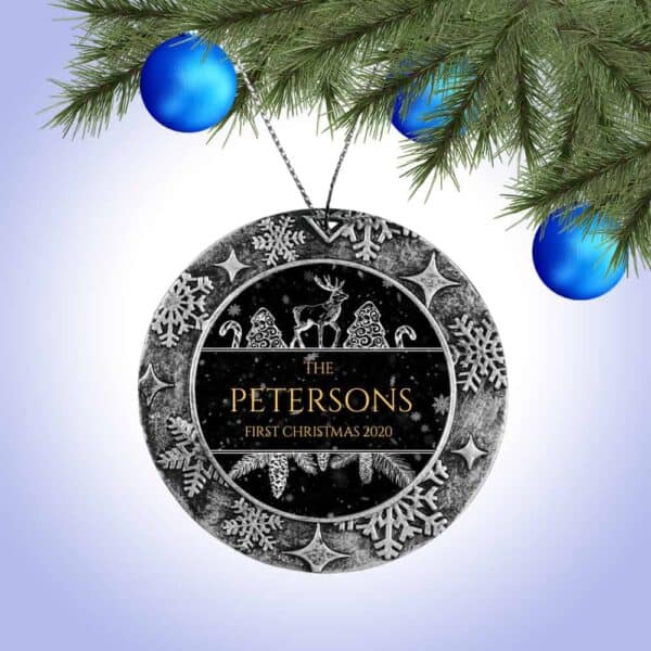 Personalized Round Ornament – First Christmas with Reindeer Design
