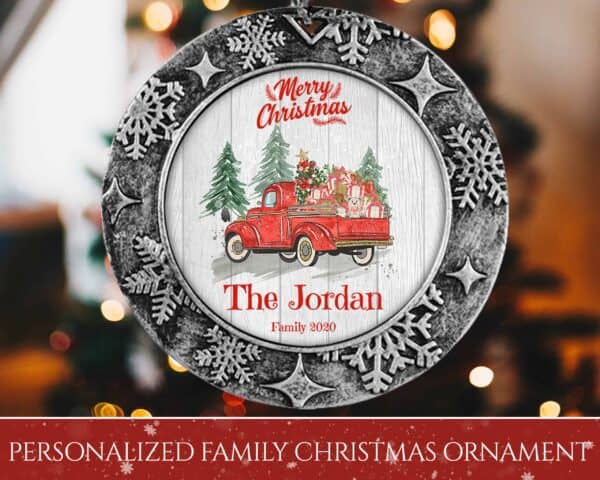 Personalized Round Ornament – Merry Christmas with Truck Design