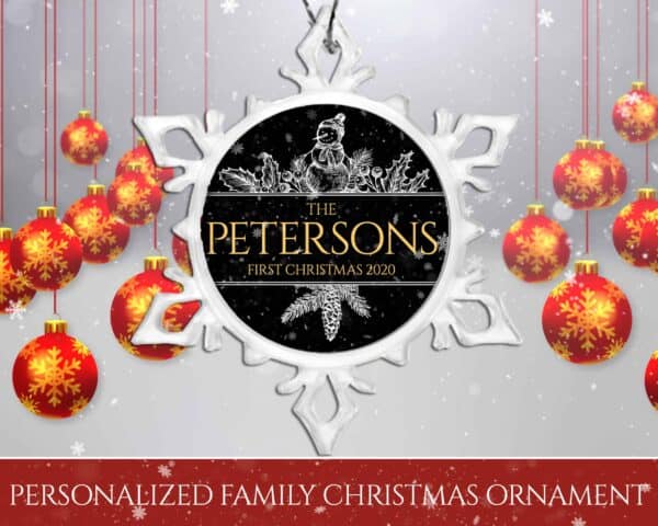 Personalized Snow Crystal Ornament - First Christmas with Snowman Design
