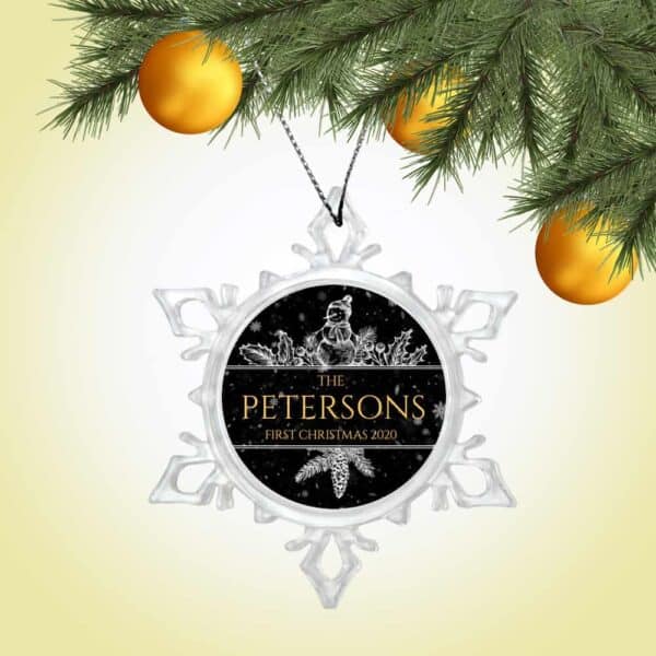 Personalized Snow Crystal Ornament - First Christmas with Snowman Design