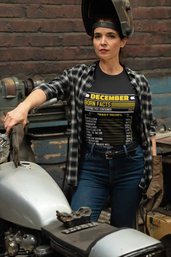 Birthday Facts Personalized Printed T-Shirt mockup of a woman repairing her motorcycle