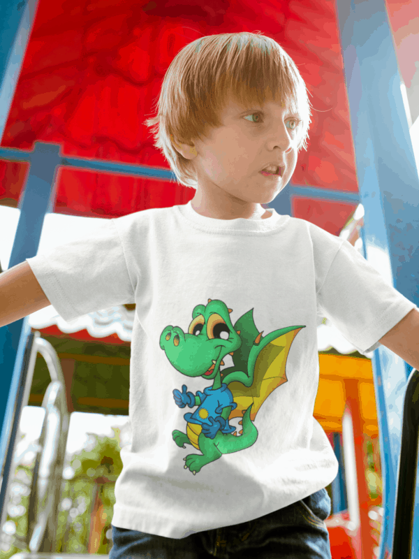 Dinosaur Dragon on Toddler T-Shirt blonde kid wearing a tshirt mockup while at the playground