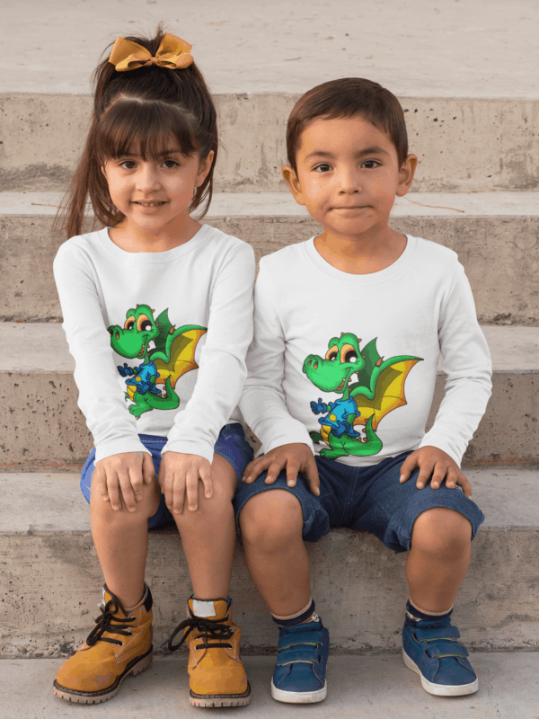 Dinosaur Dragon on Toddler T-Shirt mockup of two siblings wearing long sleeve tees