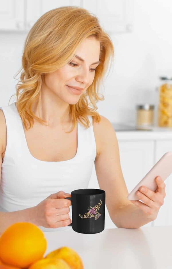 Follow Your Heart Coffee Mug Design Black 11oz coffee mug mockup featuring a woman looking at her phone
