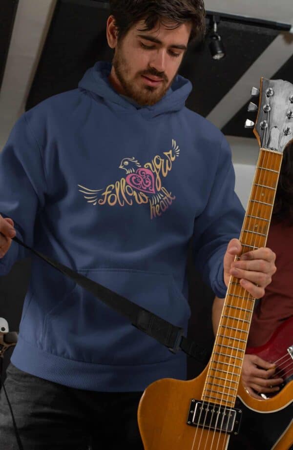 Follow Your Heart Hoodie Design Navy mockup of a guitarist wearing a pullover hoodie