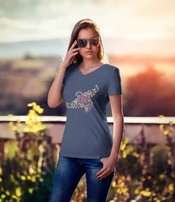 Follow Your Heart Ladies V-Neck T-Shirt Inspirational Design mockup of a woman with sunglasses wearing a Navy color v-neck t-shirt