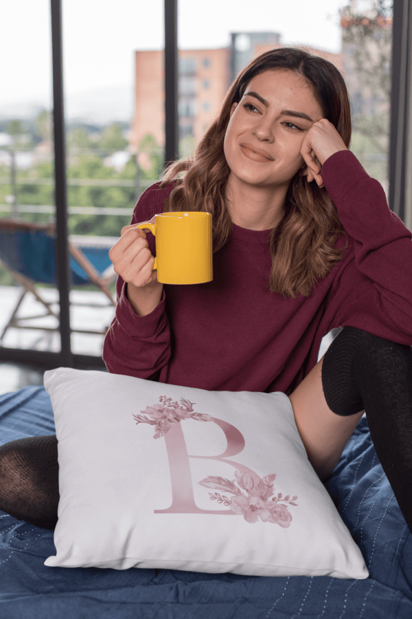 Monogram Letter B Custom Printed on White Pillow Case mockup featuring a gorgeous young woman holding a coffee mug