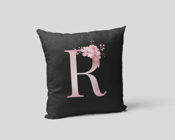 Custom Printed Monogram Letter R on Black Pillow Case mockup square-02