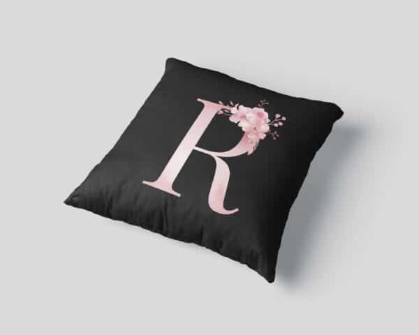 Custom Printed Monogram Letter R on Black Pillow Case mockup square-03