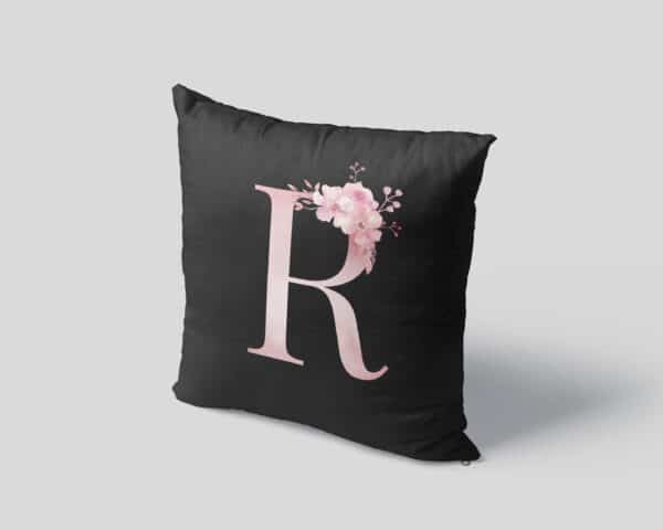 Custom Printed Monogram Letter R on Black Pillow Case mockup square-04