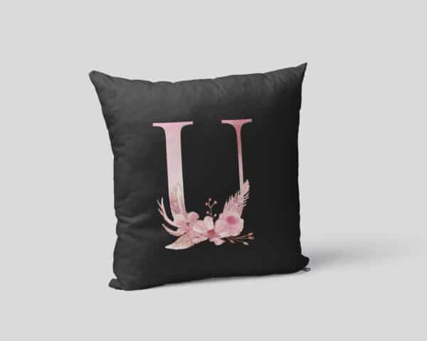 Custom Printed Monogram Letter U on Black Pillow Case mockup-square-02
