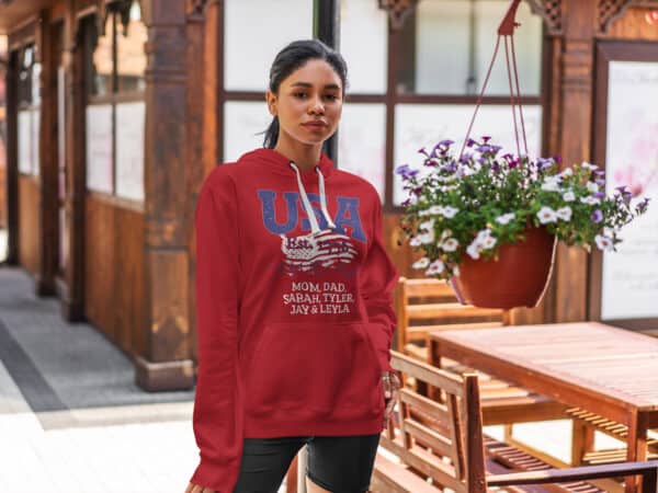 USA We the people - woman modeling in Personalized Custom Printed Hoodie Red