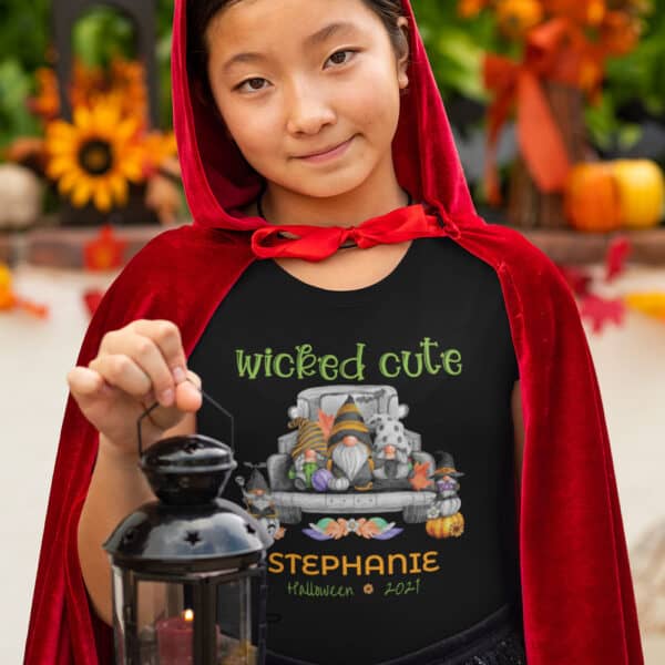 Girl wearing Wicked Cute Halloween T-shirt design