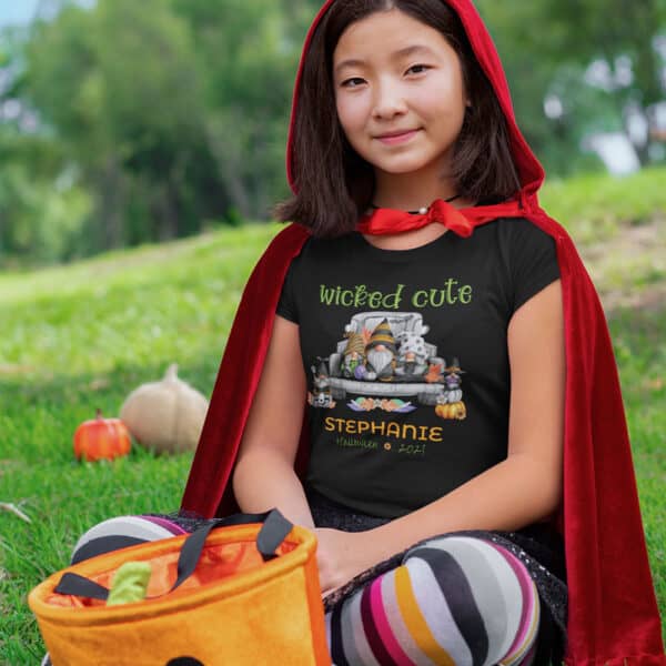 Girl wearing Wicked Cute Halloween T-shirt