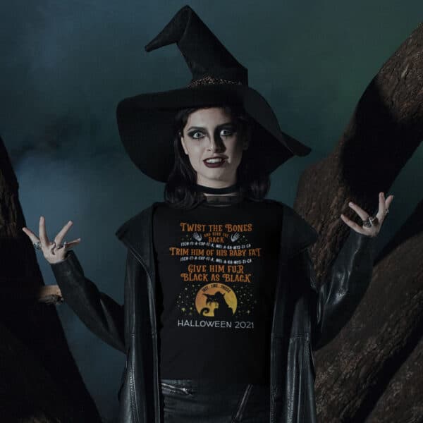 Woman in Halloween costume wearing a Twist The Bones Custom Halloween T-shirt